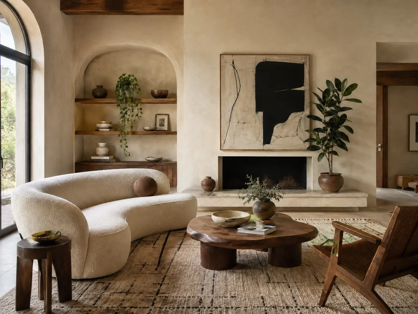 Organic Modern living room with curved sofa, wood coffee table, plaster walls, textured rug and rubber plant