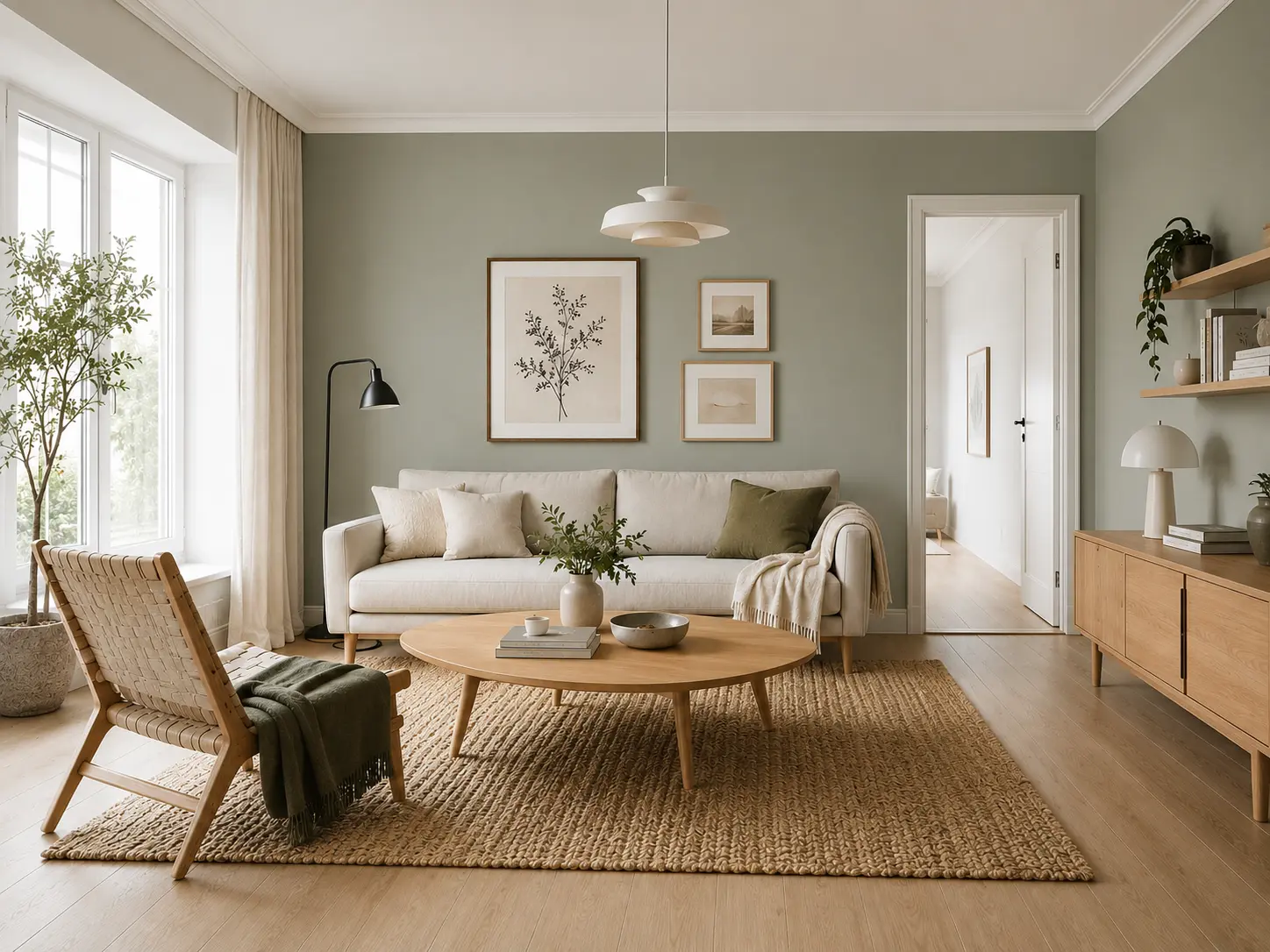 Scandinavian living room with pale wood furniture, neutral sofa, natural textiles, layered lighting and minimalist decor