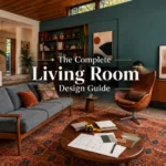 The Complete Living Room Design Guide featuring a modern living room with teal built-ins, walnut furniture, leather accent chair, patterned rug, plants and design planning materials