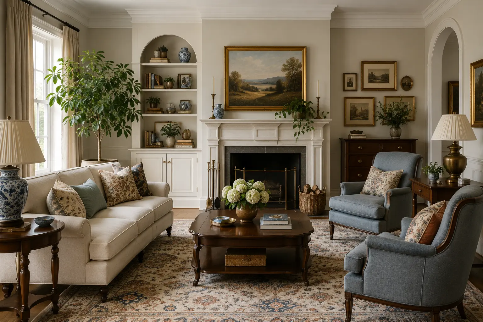 Traditional living room with rolled-arm sofa, blue accent chairs, wood furniture, patterned rug, fireplace and Schefflera plant