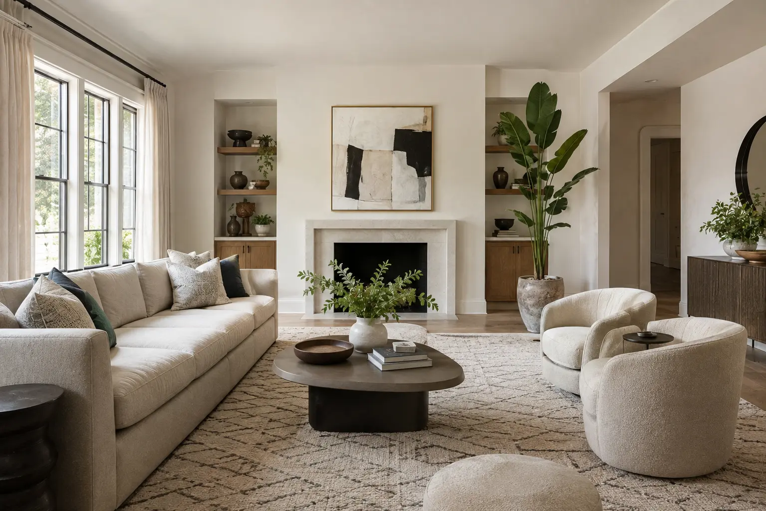 Transitional living room with neutral sofa, curved accent chairs, fireplace, built-in shelving, abstract artwork and Bird of Paradise plant