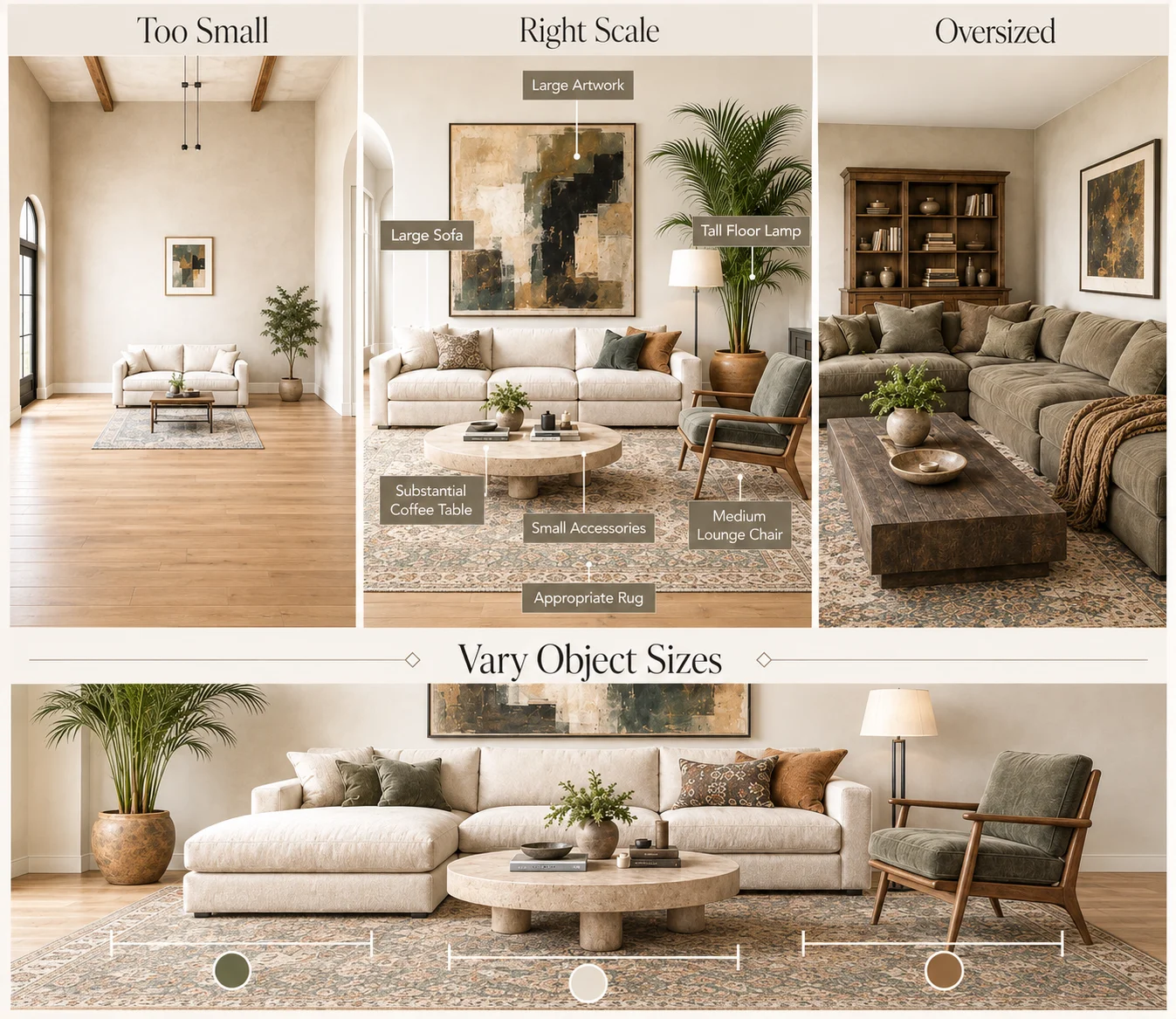 Interior design scale and proportion infographic comparing too-small, right-scale and oversized living room furniture arrangements, with a second example showing how to vary object sizes