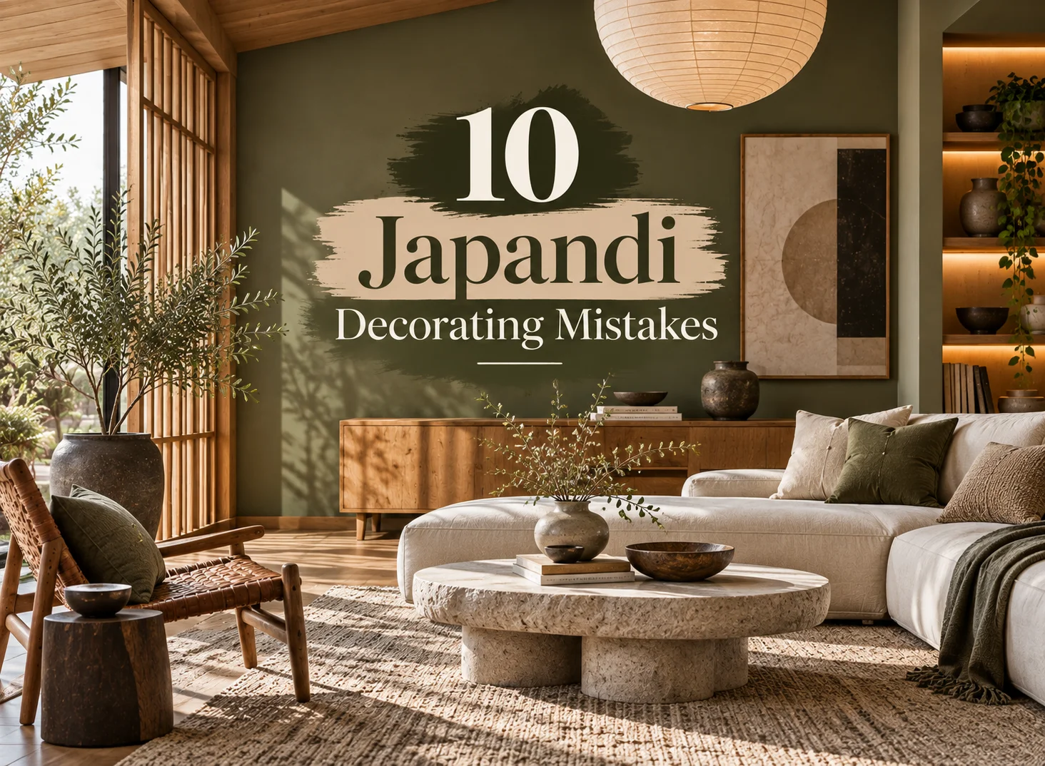 Japandi living room with Japanese-inspired wood slats, natural materials and minimalist decor for 10 common Japandi decorating mistakes