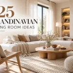 25 Scandinavian living room ideas featuring a warm neutral sectional sofa, oak furniture, woven chair, textured rug and cozy Nordic decor