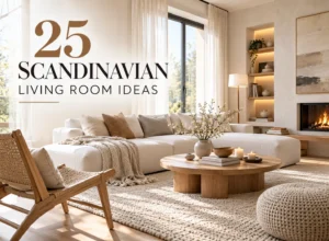 25 Scandinavian living room ideas featuring a warm neutral sectional sofa, oak furniture, woven chair, textured rug and cozy Nordic decor