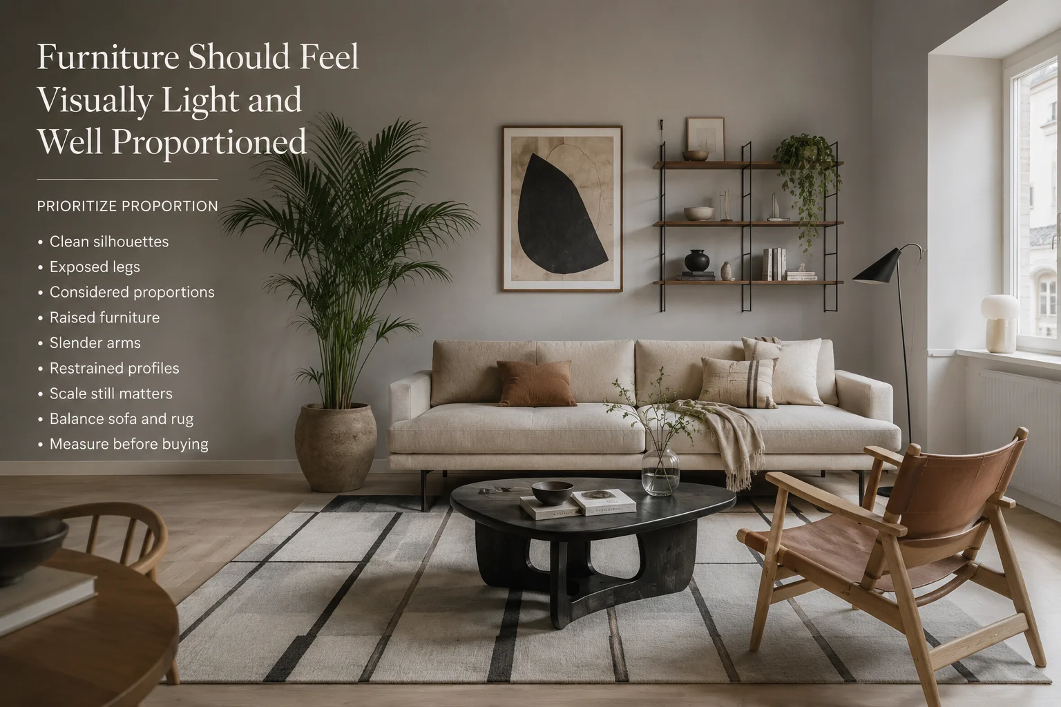 Scandinavian design infographic showing how to apply Scandinavian interior design principles in the living room, bedroom, dining room, kitchen and entryway.