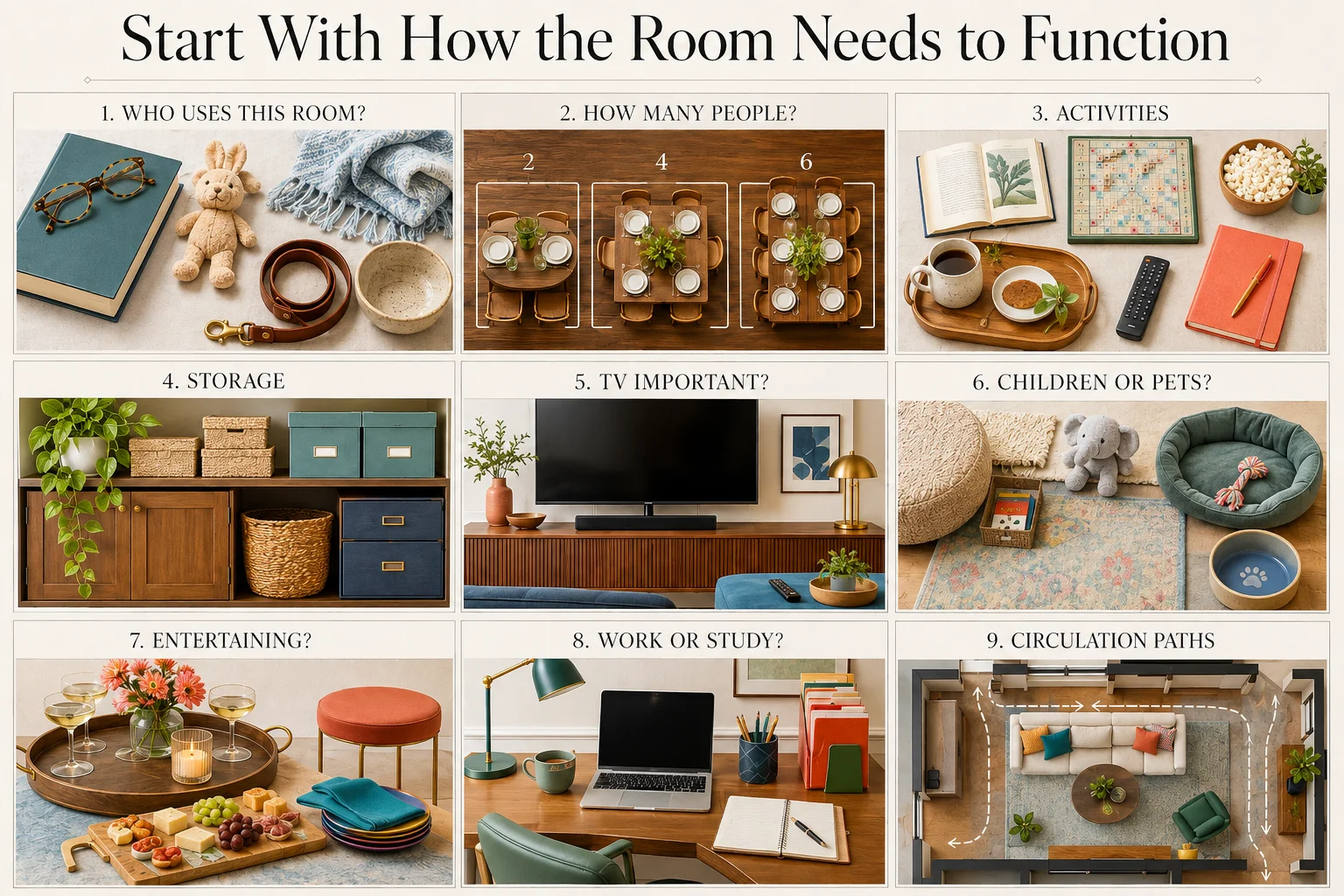 Room Function Planning Guide: 9 interior design questions for furniture layout, storage, activities, TV placement, children and pets, entertaining, work or study, and circulation paths