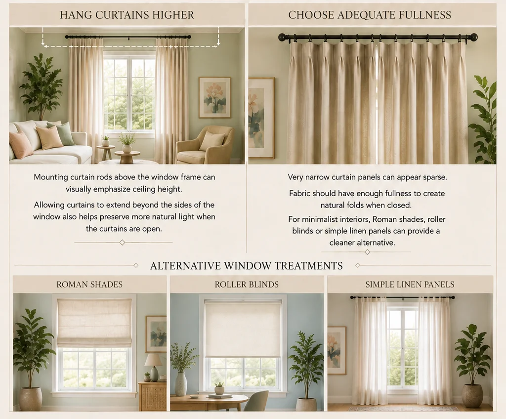 Window treatments infographic showing curtain placement, curtain fullness, Roman shades, roller blinds and simple linen panels in a pastel-toned living room