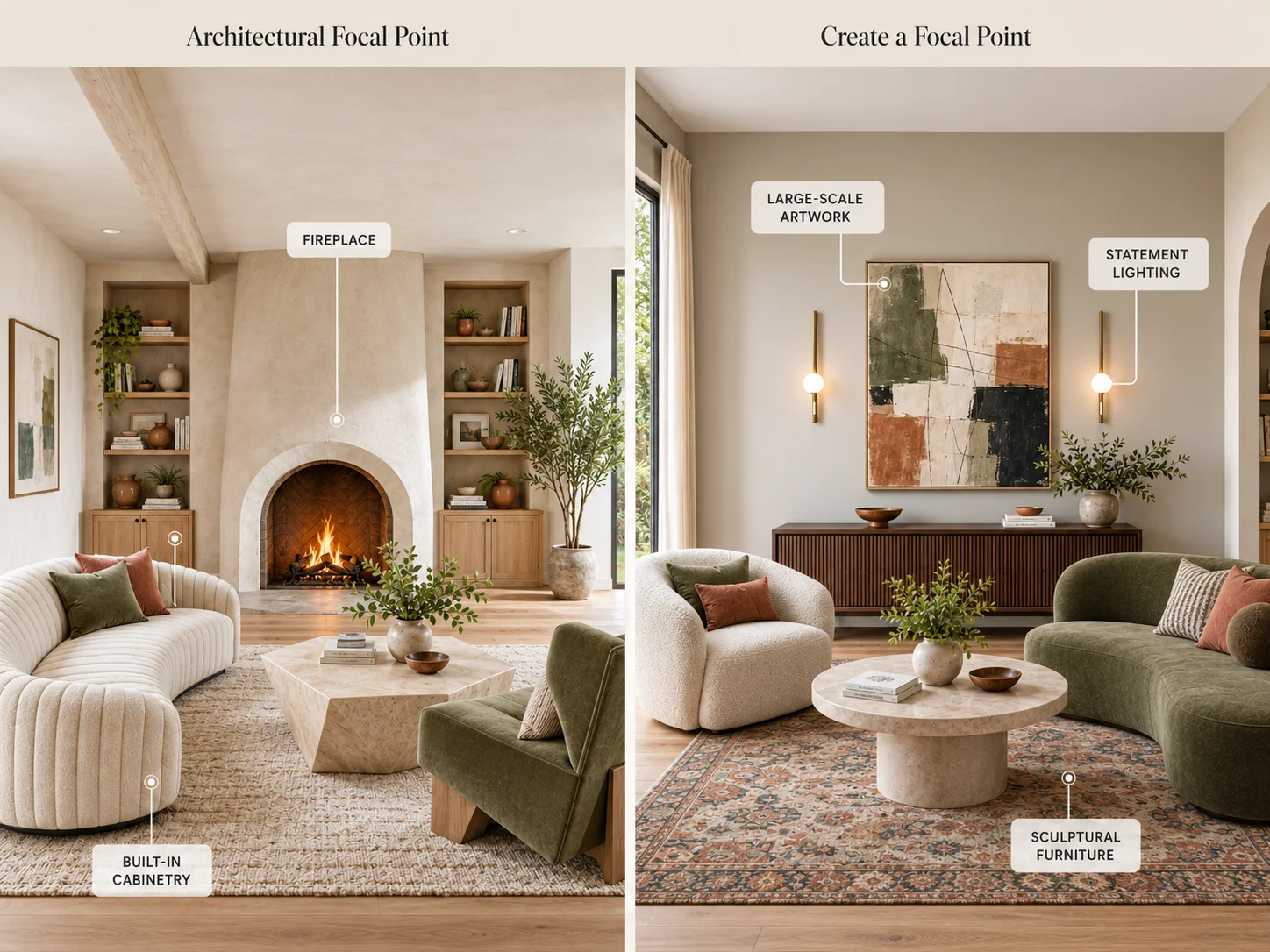 Interior design focal point examples showing architectural focal points such as a fireplace, large window, built-in cabinetry and feature wall, plus created focal points using artwork, statement lighting, sculptural furniture and textured walls