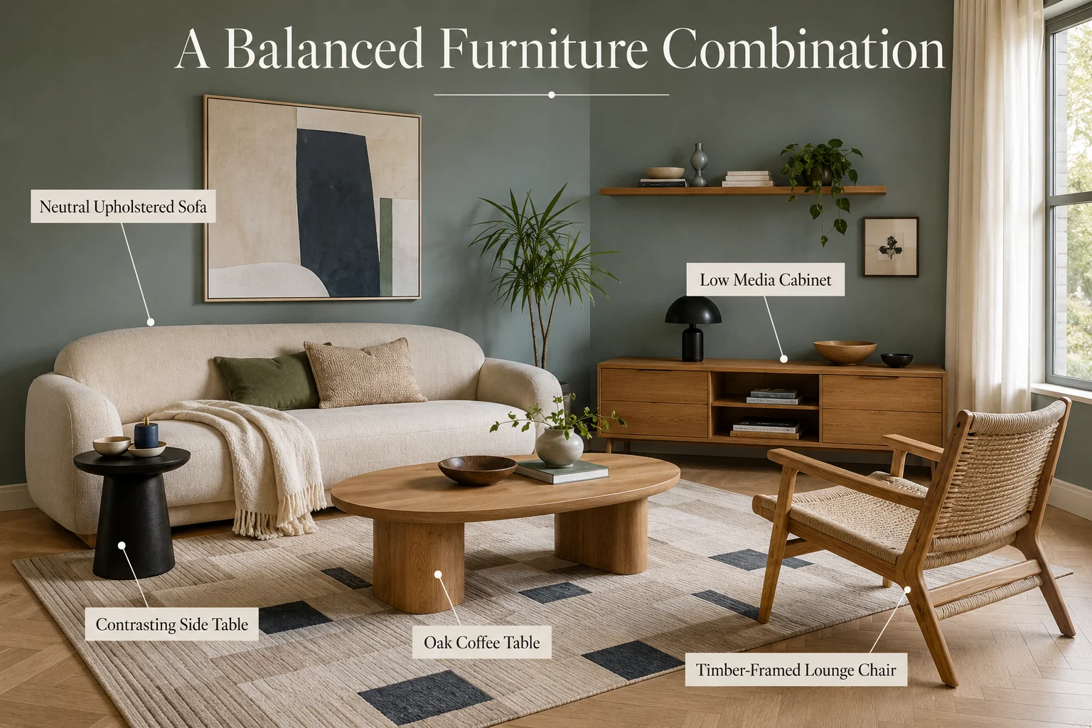 Scandinavian living room furniture combination with neutral sofa, oak coffee table, timber lounge chair, low media cabinet and contrasting side table