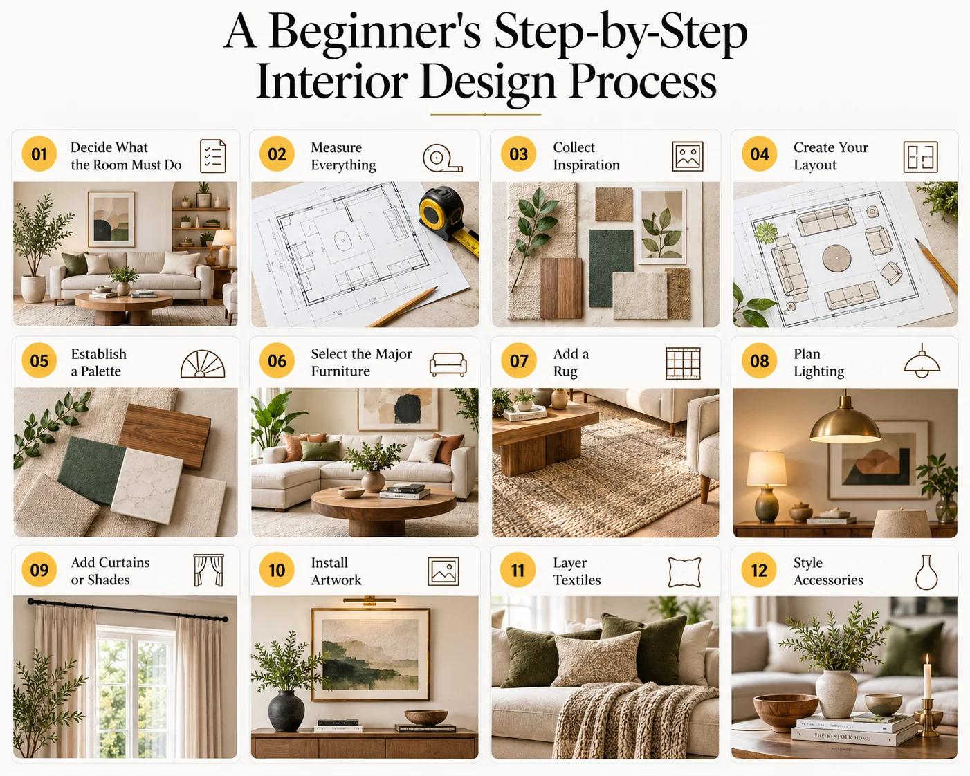 Beginner interior design process infographic showing 13 steps from defining room function and measuring the space to choosing furniture, rugs, lighting, artwork, textiles, accessories and final editing