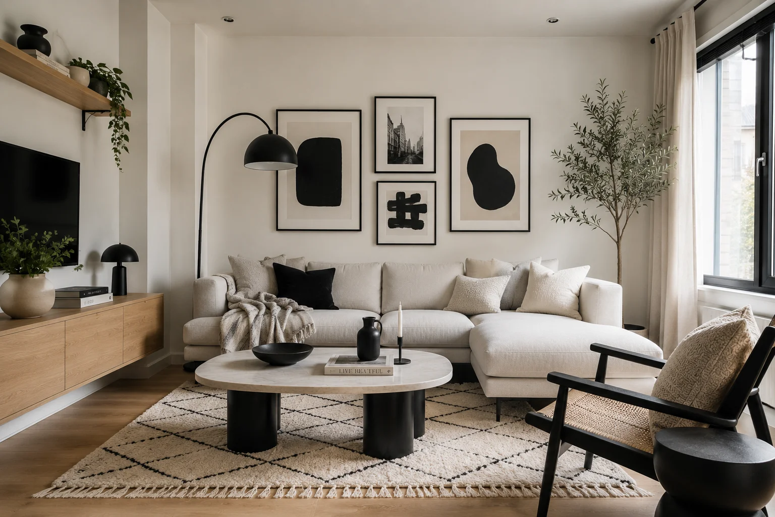 Black and white Scandinavian living room with cream sectional sofa, black accents, oak media console, patterned wool rug and gallery wall