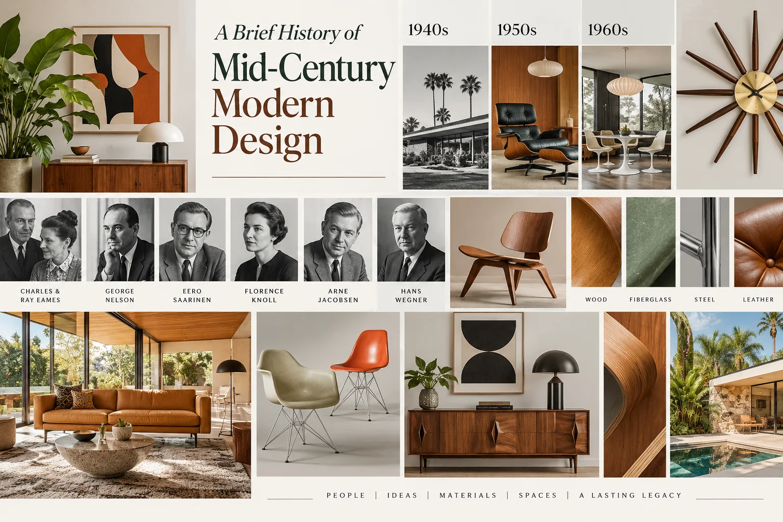 Mid-Century Modern design history collage showing 1940s to 1960s interiors, iconic furniture, designers and materials
