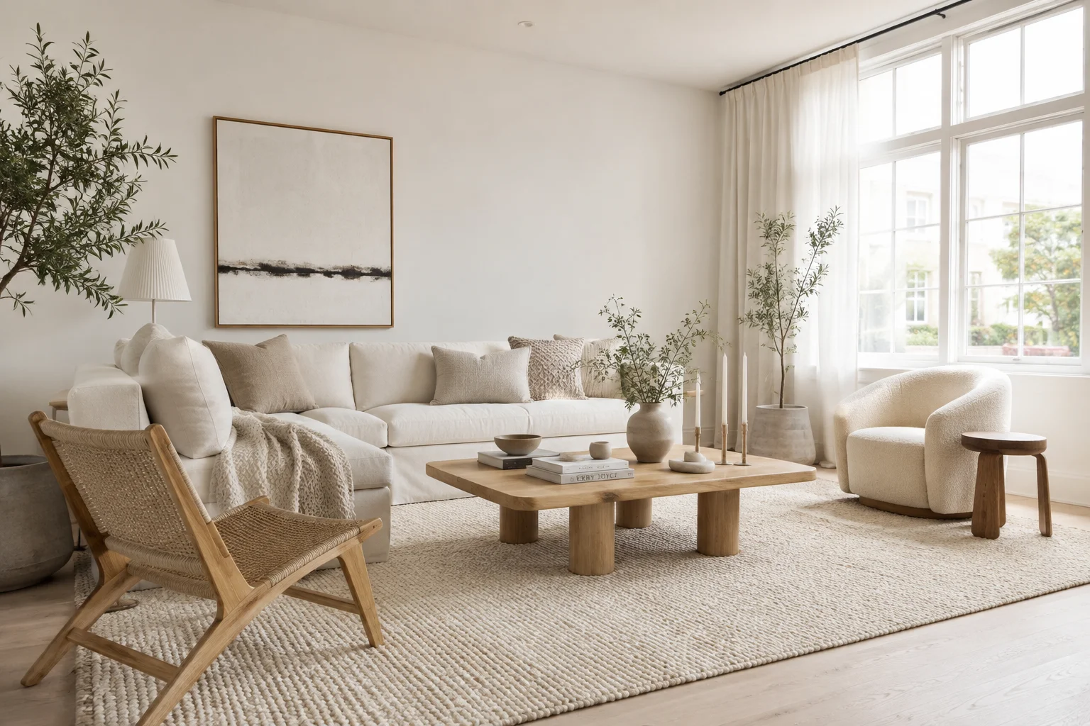 Bright white Scandinavian living room with ivory linen sofa, light oak coffee table, wool rug, boucle chair and natural daylight