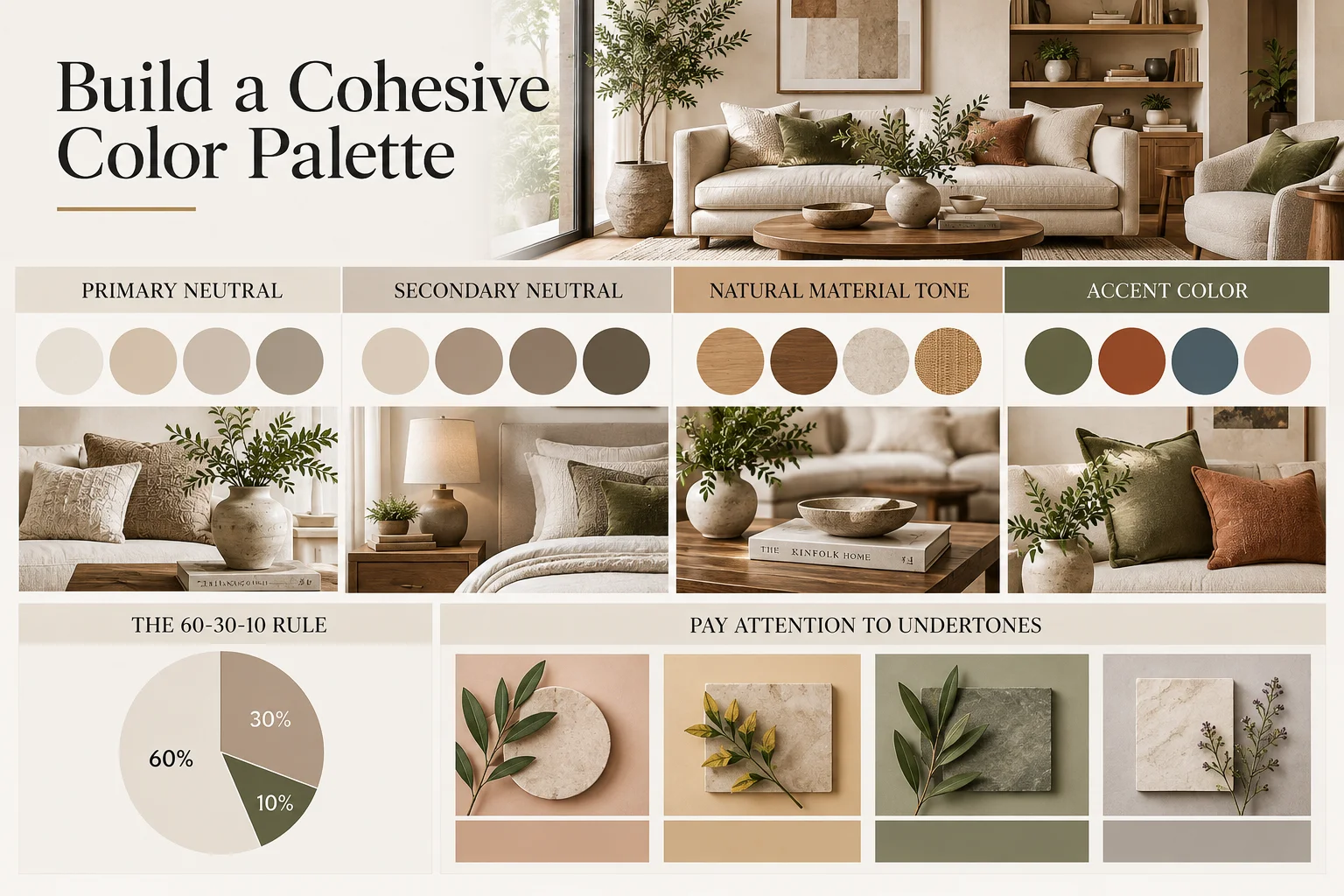 nterior design color palette infographic showing existing room elements, a beginner palette, the 60-30-10 color rule and undertones using warm neutrals, wood tones, olive and terracotta