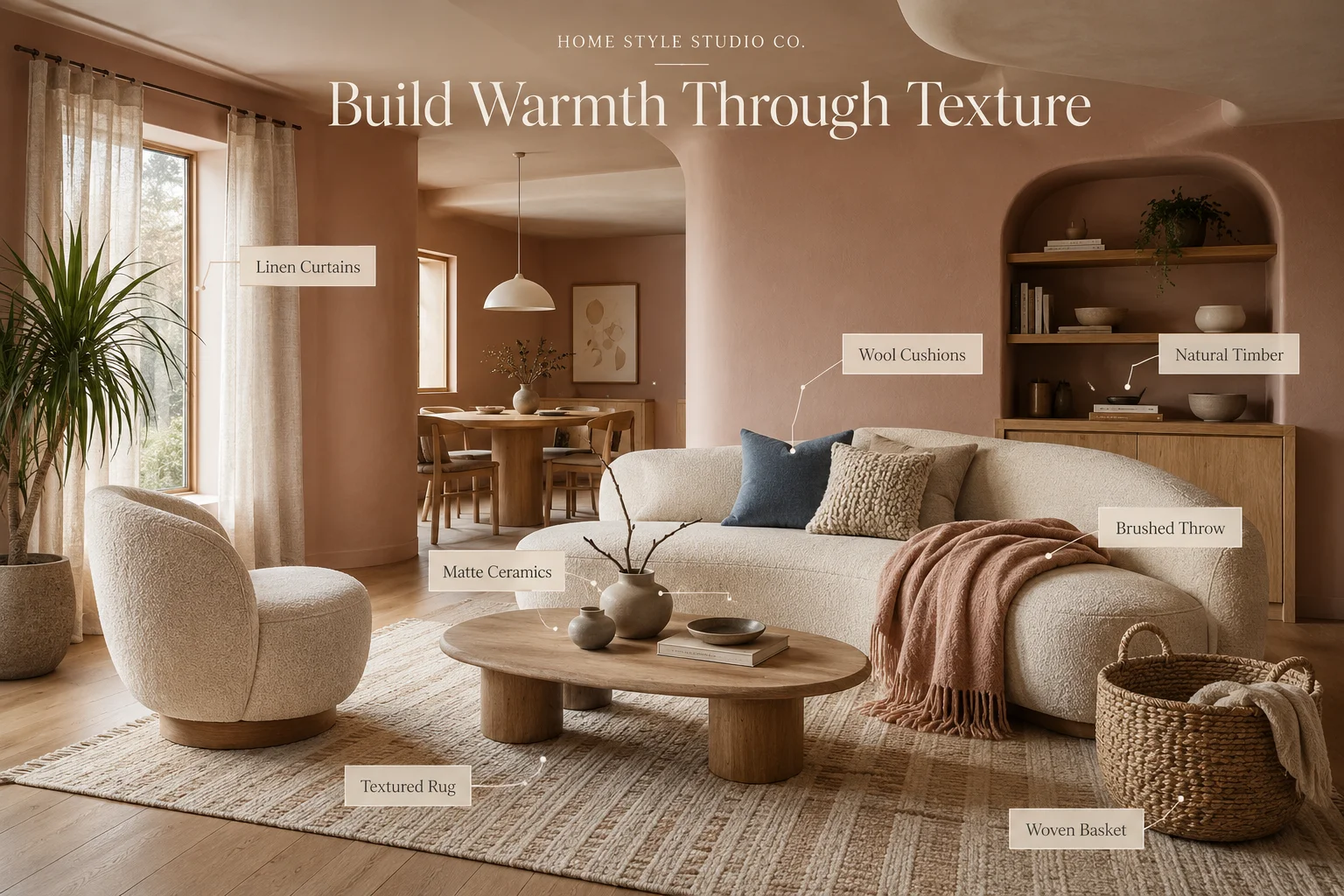 Scandinavian living room texture guide with linen curtains, wool cushions, brushed throw, textured rug, woven basket, matte ceramics and natural timber