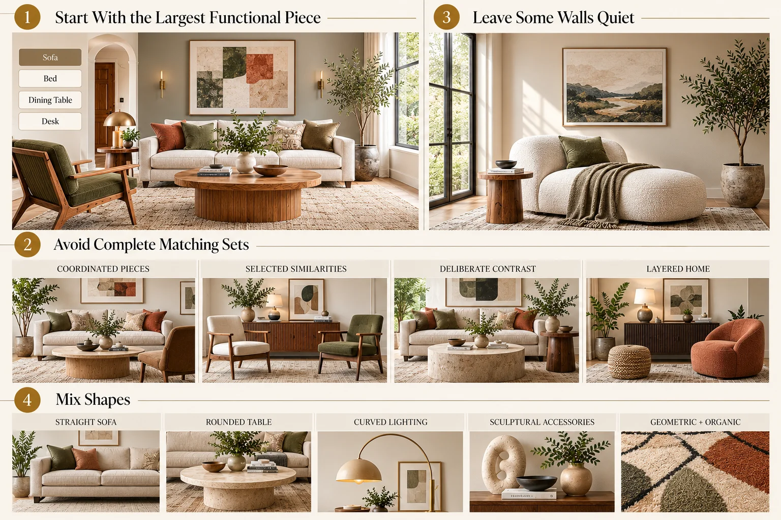 Interior design furniture guide infographic showing how to choose furniture strategically by starting with the largest functional piece, avoiding complete matching sets and mixing shapes for a layered home