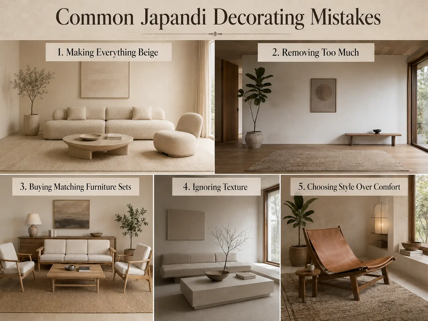 Common Japandi decorating mistakes including all-beige rooms, over-minimal styling, matching furniture sets, lack of texture and uncomfortable furniture