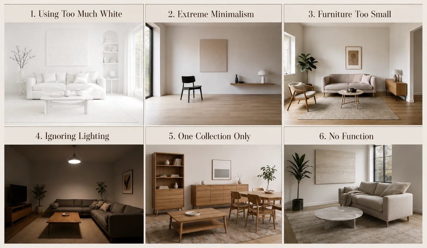 Common Scandinavian decorating mistakes including too much white, extreme minimalism, undersized furniture, poor lighting, matching furniture sets and lack of function