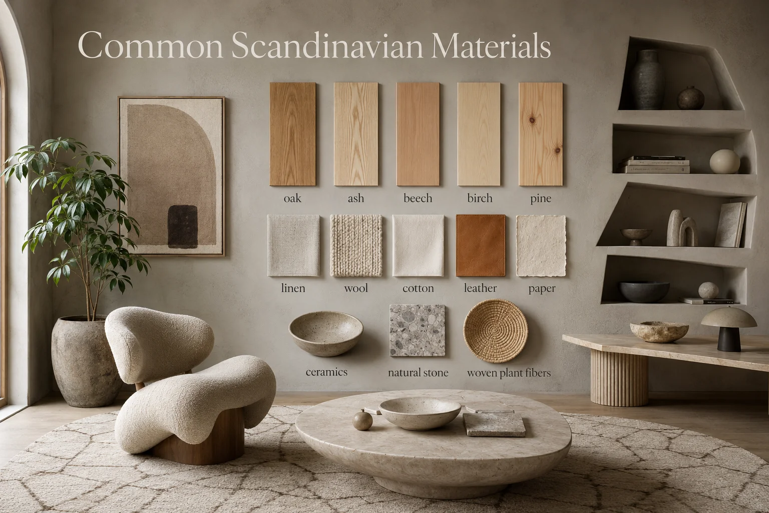 Scandinavian materials infographic showing common natural finishes and textures including oak, ash, beech, birch, pine, linen, wool, cotton, leather, paper, ceramics, natural stone and woven plant fibers.