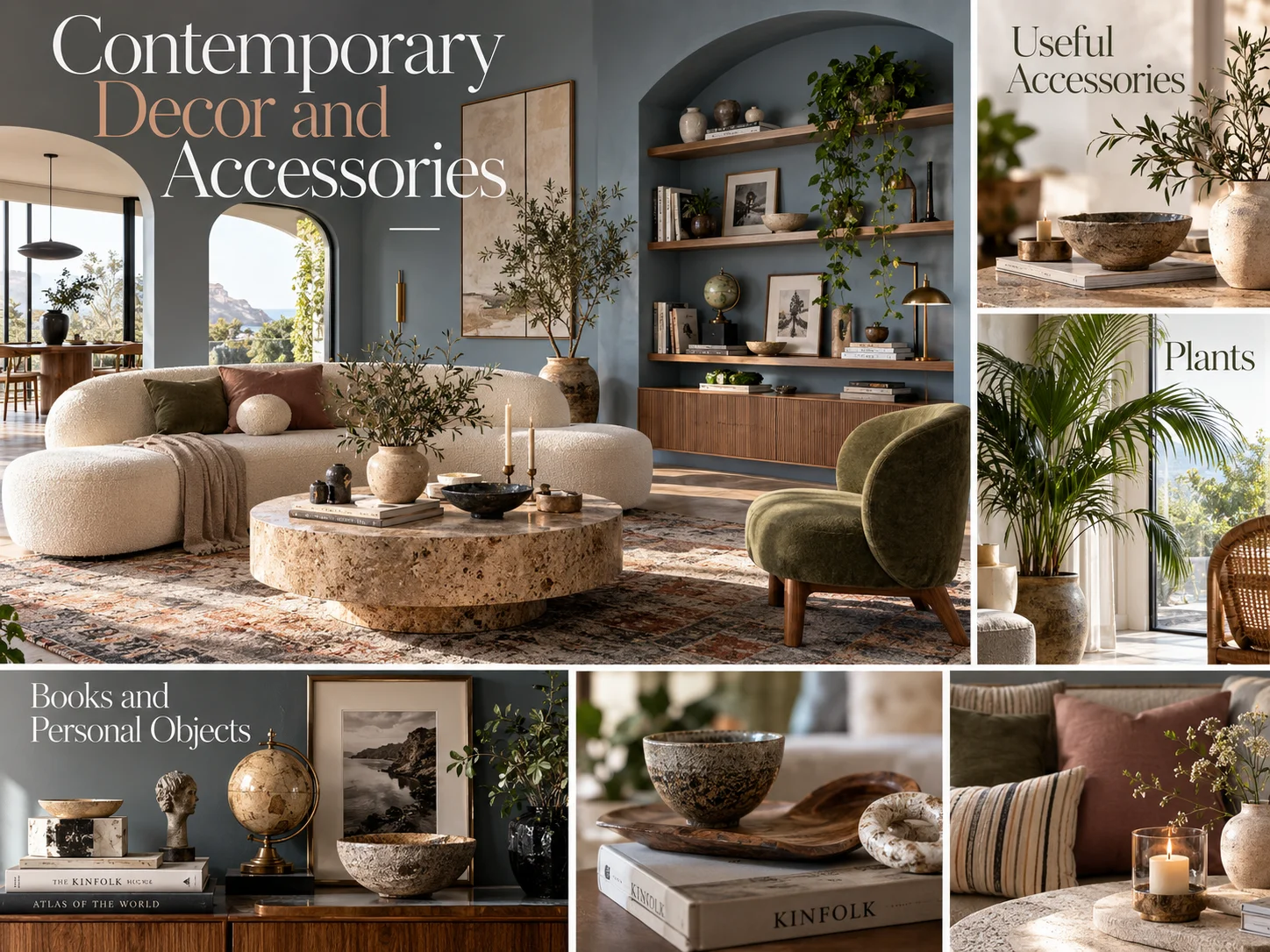 Contemporary decor and accessories with ceramics, books, plants, cushions, sculptural objects and personal accents in a bright living room