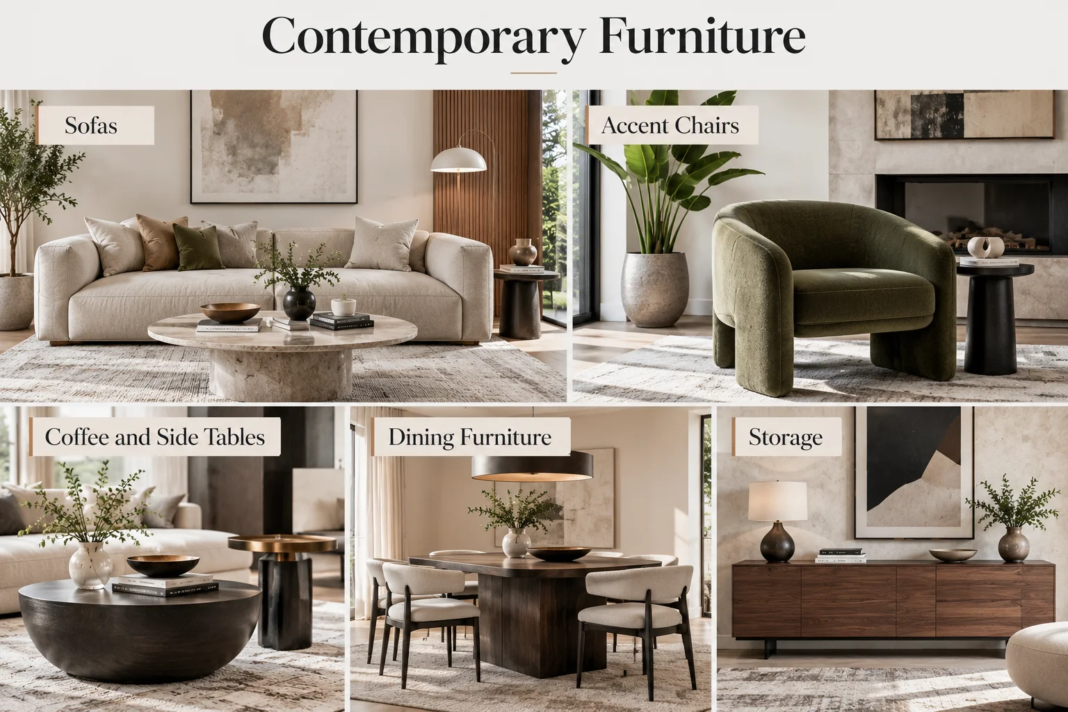 Contemporary furniture collage featuring sofas, accent chairs, coffee tables, dining furniture and modern storage