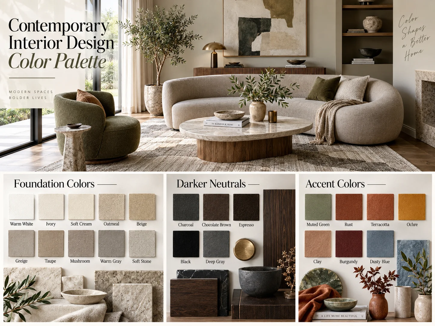 Contemporary interior design color palette with warm neutrals, dark tones and muted accent colors in a modern living room