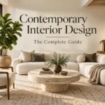 Contemporary interior design living room with curved neutral sofa, natural wood, stone coffee table and layered textures