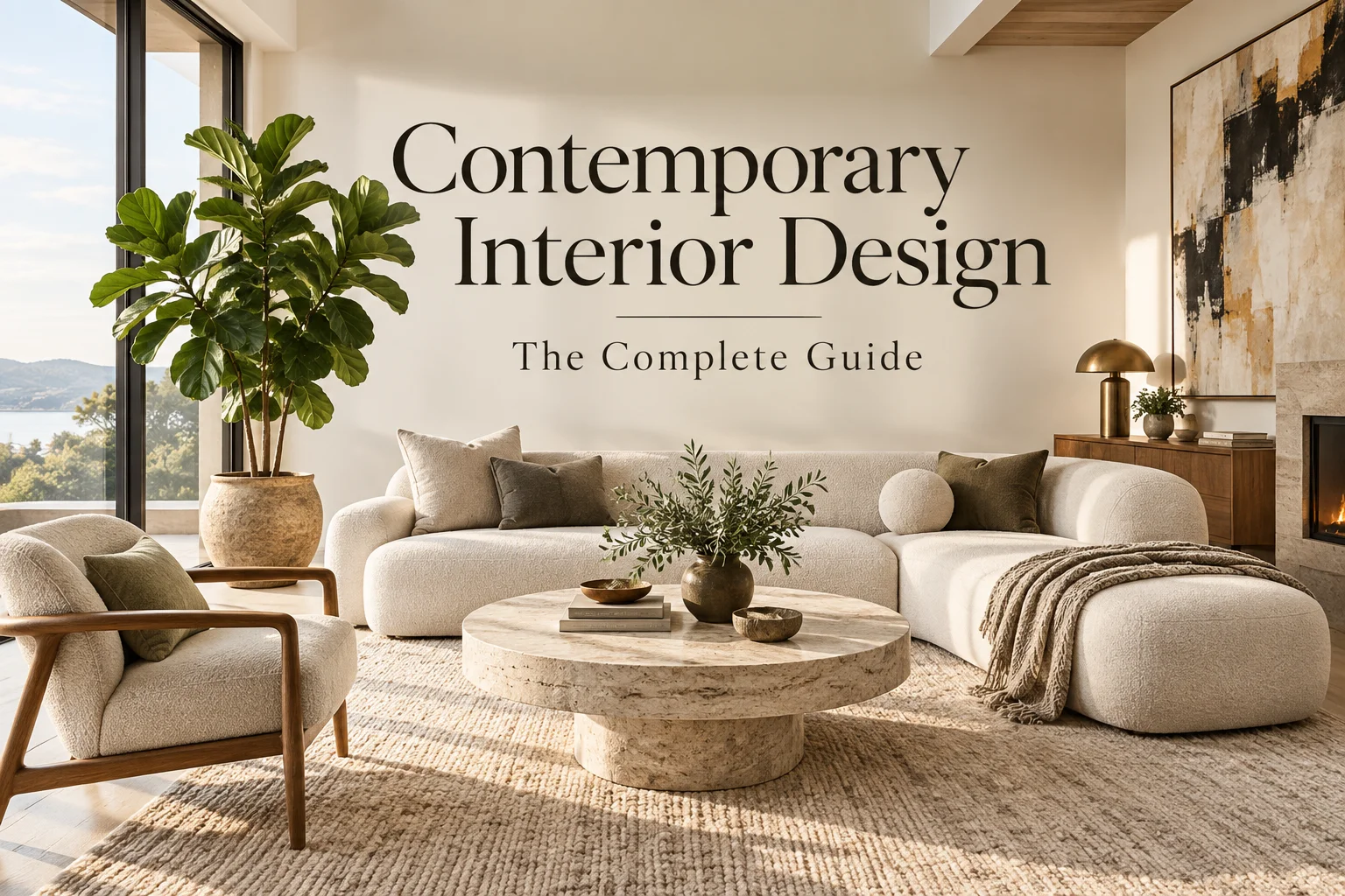 Contemporary interior design living room with curved neutral sofa, natural wood, stone coffee table and layered textures