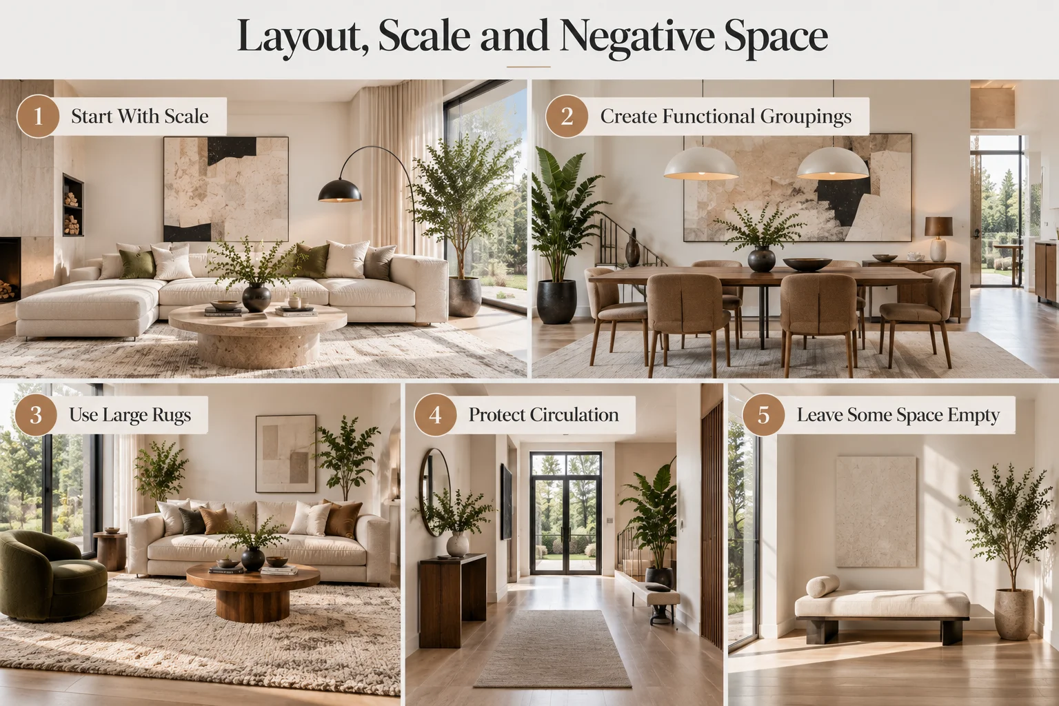 Contemporary interior design layout showing proper furniture scale, functional groupings, large rugs, clear circulation and intentional negative space