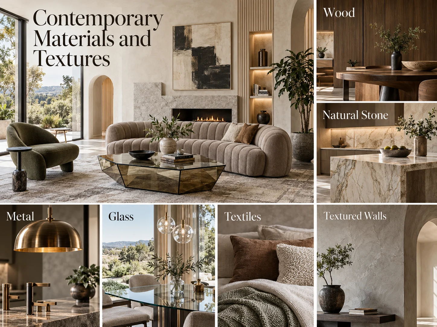Contemporary interior design materials and textures featuring wood, natural stone, metal, glass, layered textiles and textured walls