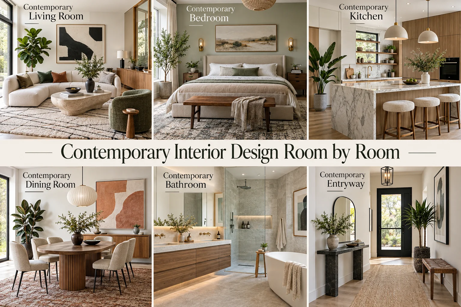 Contemporary interior design room-by-room collage featuring living room, bedroom, kitchen, dining room, bathroom and entryway