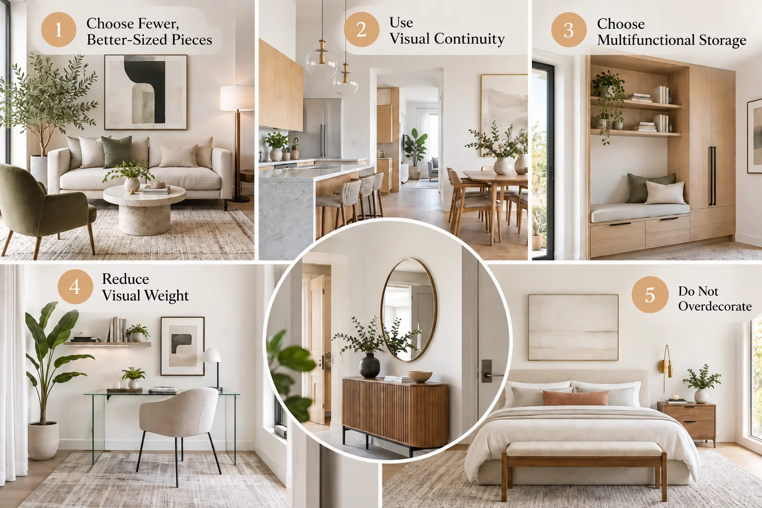 Contemporary interior design for small spaces showing fewer well-sized pieces, visual continuity, multifunctional storage, reduced visual weight and minimal decor