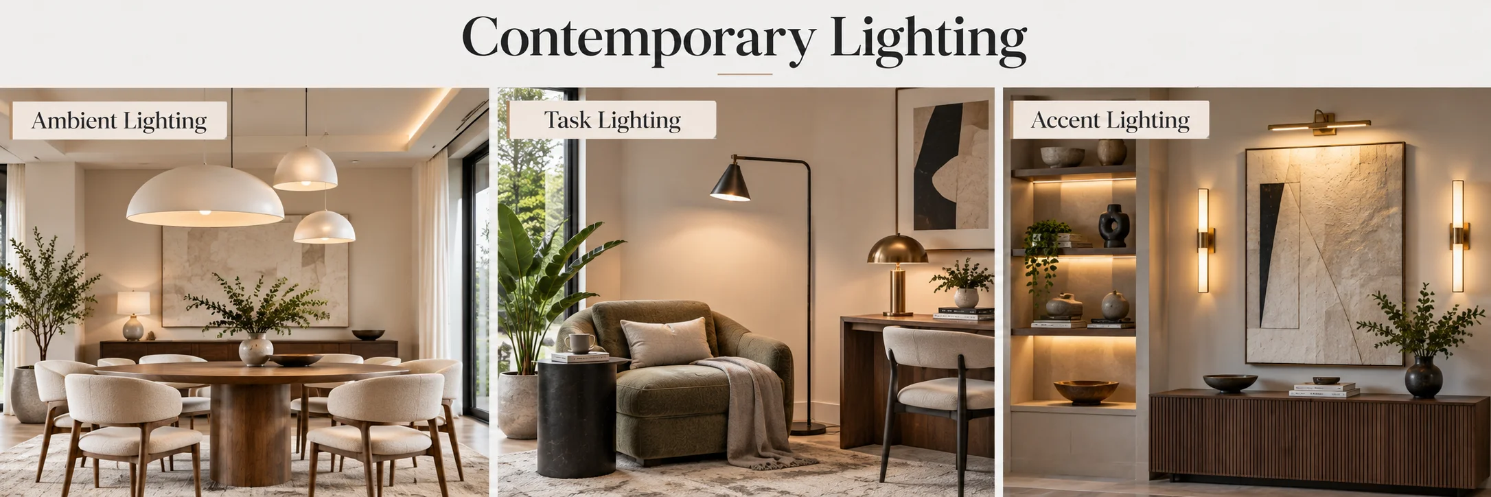 Contemporary lighting collage showing ambient, task and accent lighting in modern interior spaces