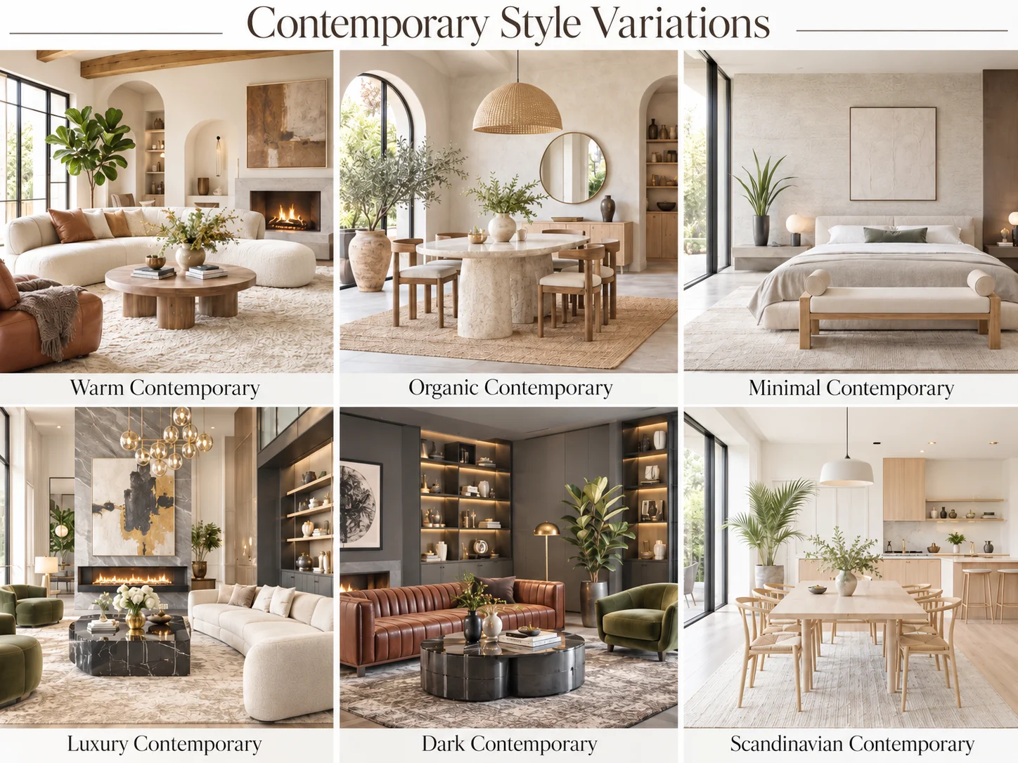 Contemporary style variations including warm, organic, minimal, luxury, dark and Scandinavian contemporary interiors