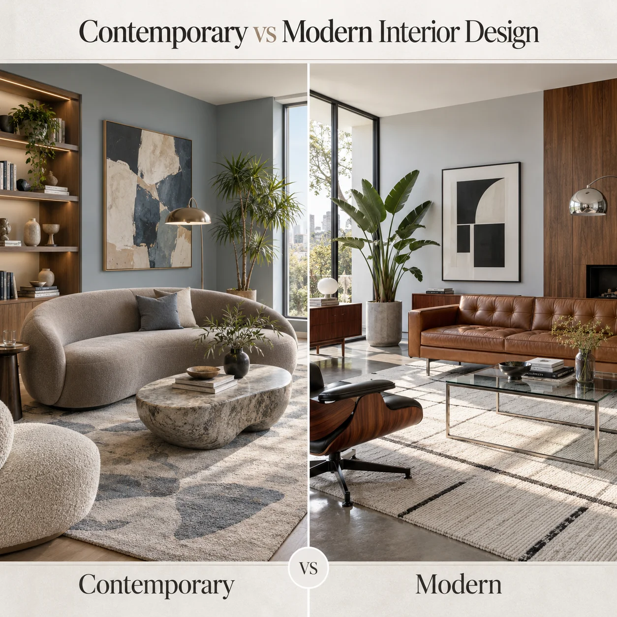 Contemporary vs modern interior design comparison showing a soft sculptural contemporary living room beside a geometric mid-century modern space