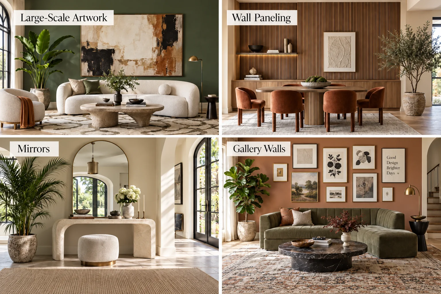 Contemporary interior walls featuring large-scale artwork, wood wall paneling, statement mirrors and curated gallery walls