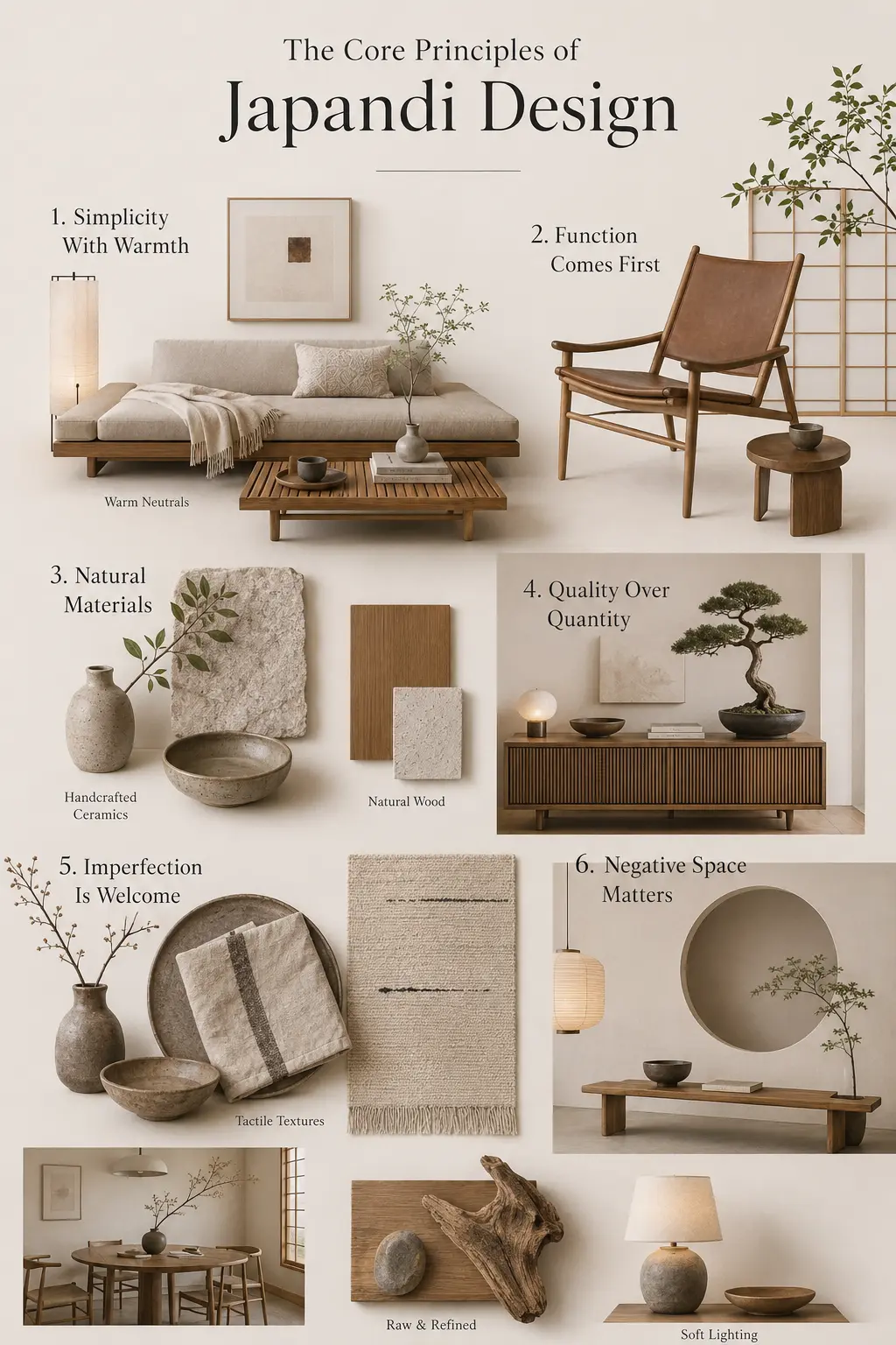 Japandi design principles moodboard featuring warm simplicity, functional furniture, natural materials, handcrafted ceramics, tactile textures and negative space