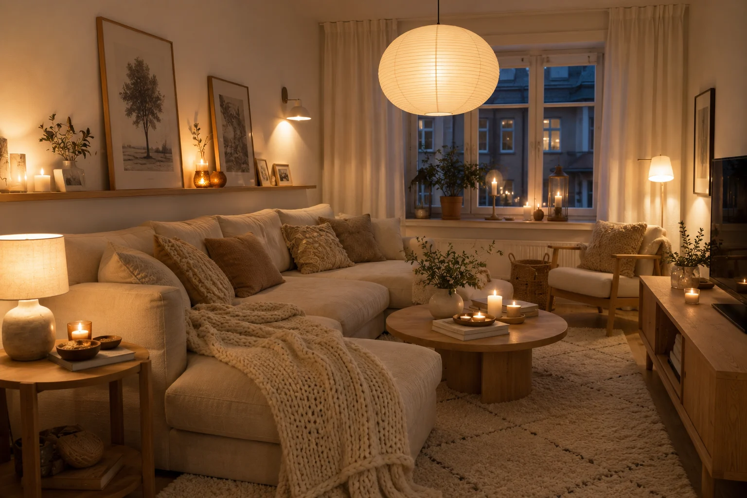 Cozy hygge Scandinavian living room with cream sectional sofa, layered knit throws, wool rug, oak furniture and warm ambient lighting