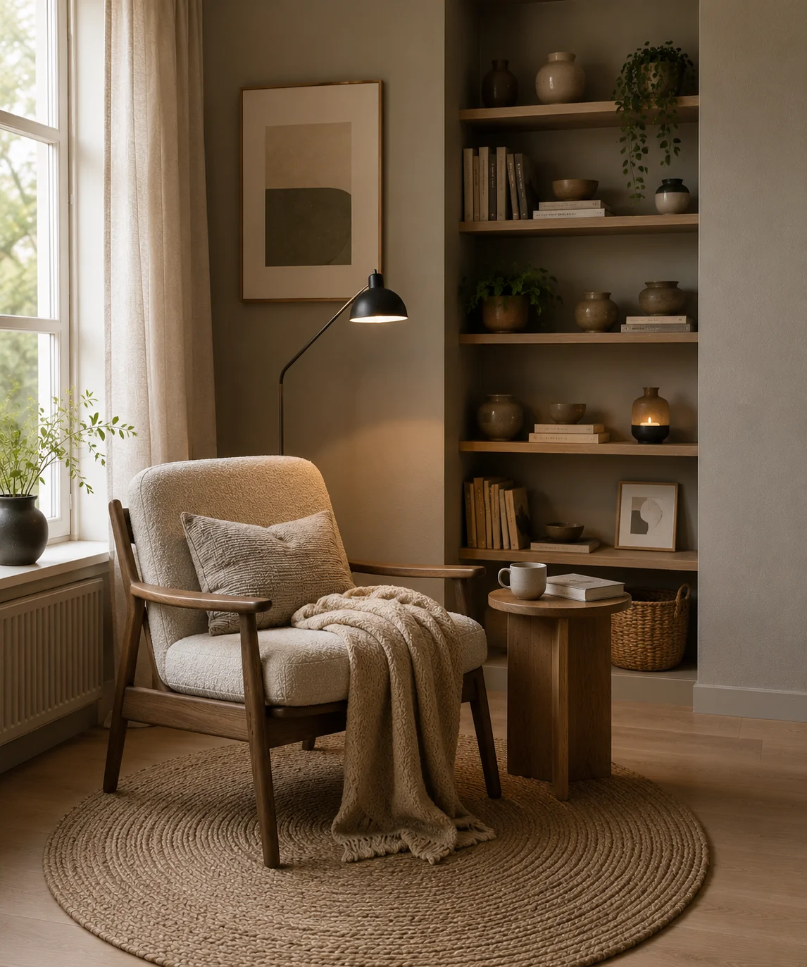 Cozy Scandinavian reading corner with bouclé lounge chair, oak side table, floor lamp, bookshelves and neutral textured decor