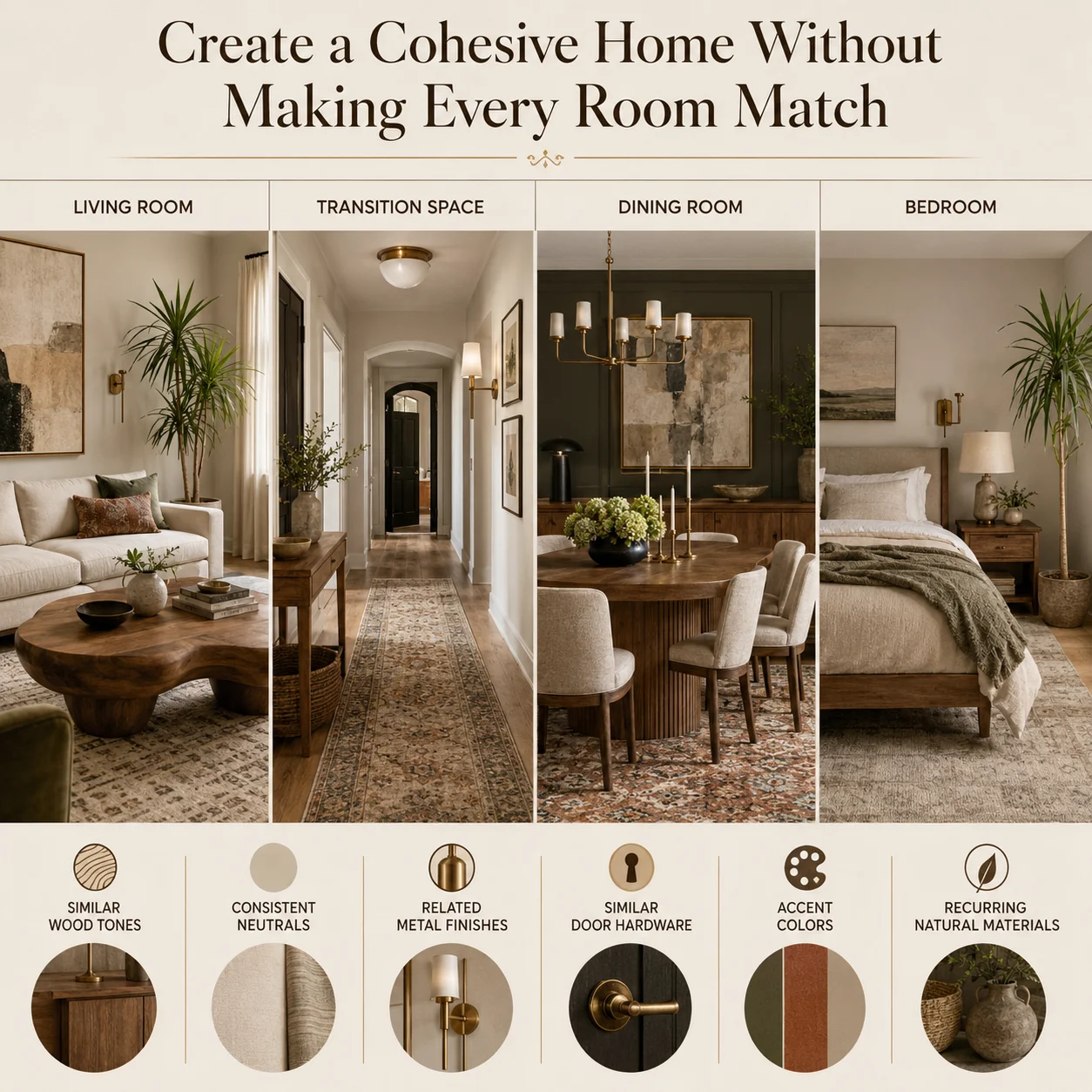 Cohesive home interior design infographic showing living room, transition space, dining room and bedroom connected through similar wood tones, neutrals, metal finishes, hardware, accent colors and natural materials