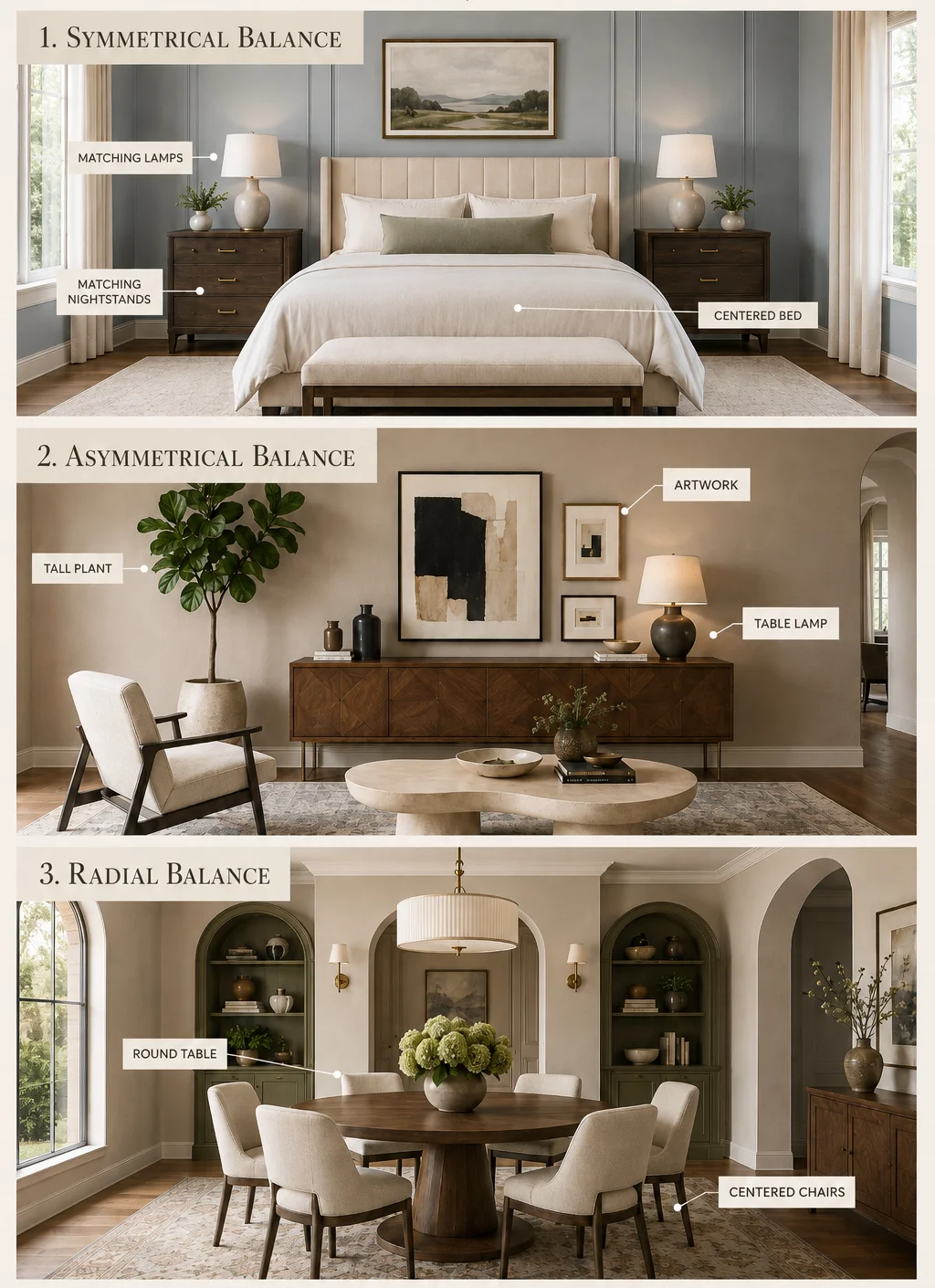 Interior design visual balance infographic showing symmetrical, asymmetrical and radial balance with bedroom, living room and dining room examples