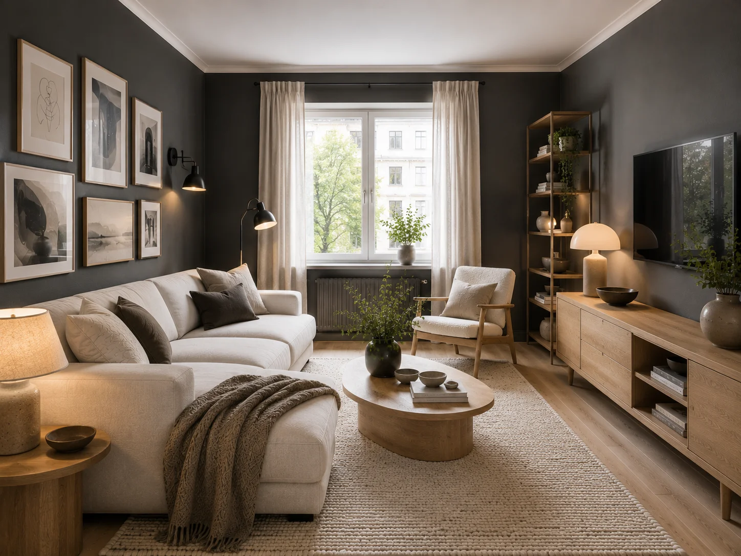 Dark Scandinavian living room with charcoal walls, cream sectional sofa, light oak furniture, ivory wool rug and layered warm lighting