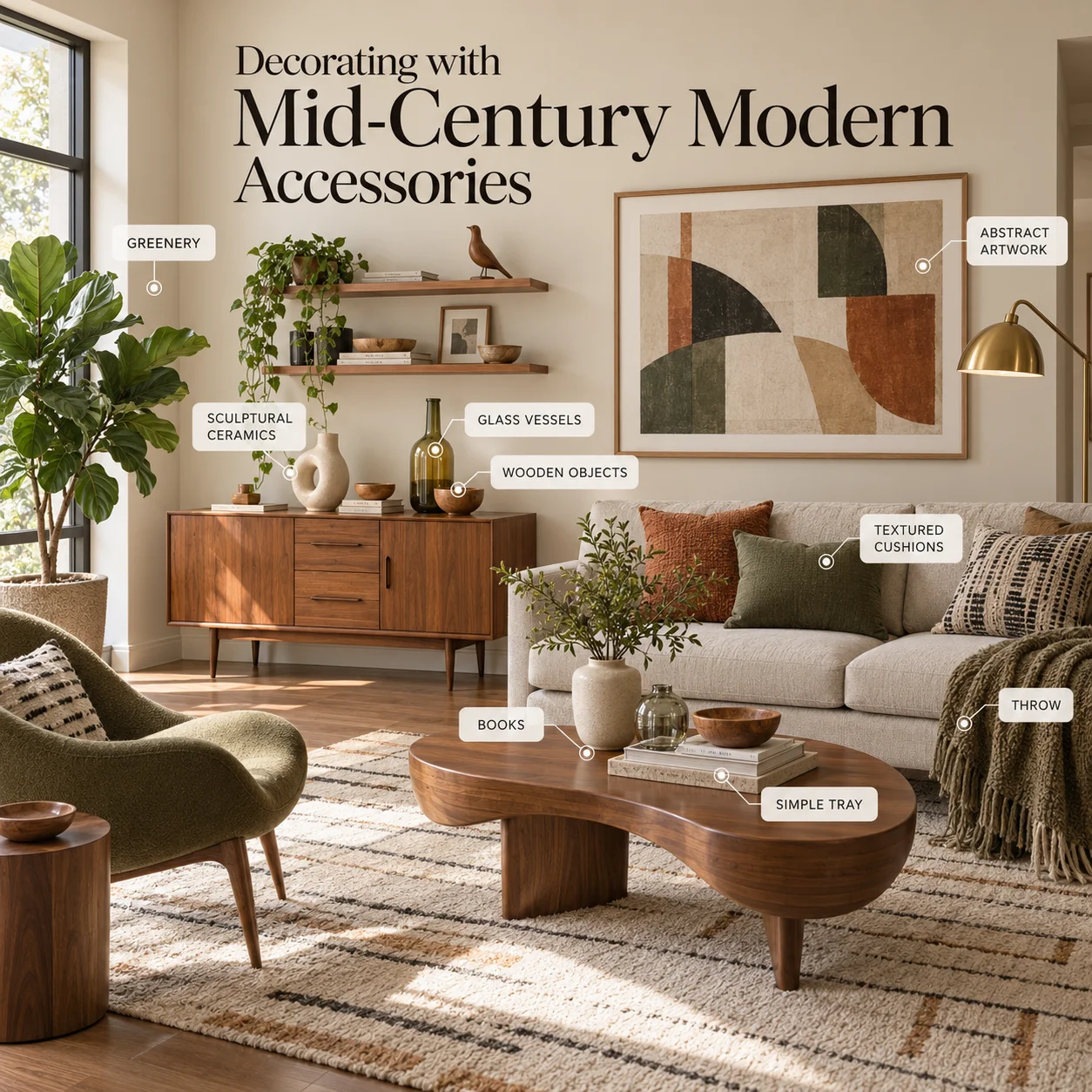 Mid-Century Modern accessories in a bright living room with sculptural ceramics, glass vessels, wooden objects, books, textured cushions, throw and greenery