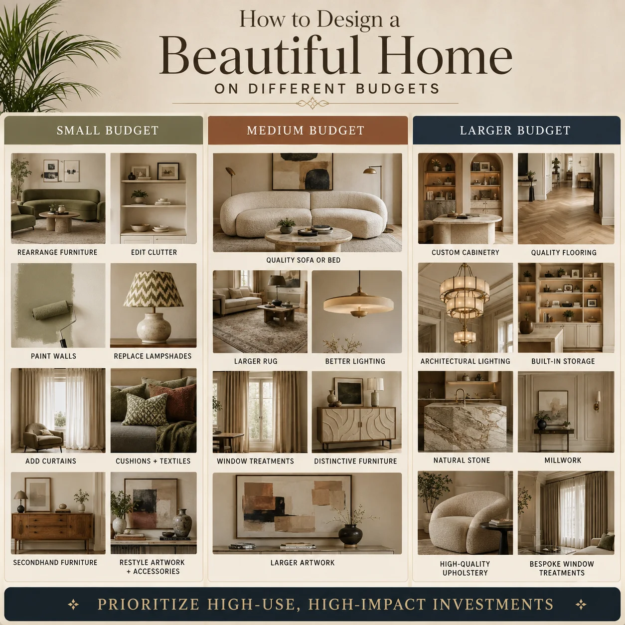 Interior design budget infographic comparing small, medium and larger budget home design upgrades, from rearranging furniture and adding curtains to quality furniture, custom cabinetry and natural stone