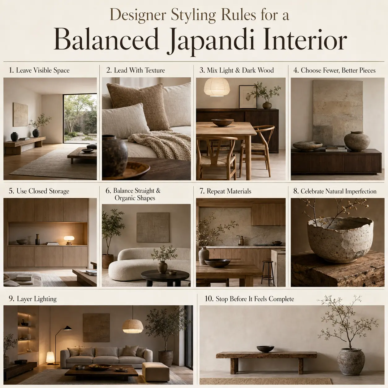 Designer styling rules for a balanced Japandi interior featuring negative space, texture, mixed wood tones, closed storage, organic shapes and layered lighting