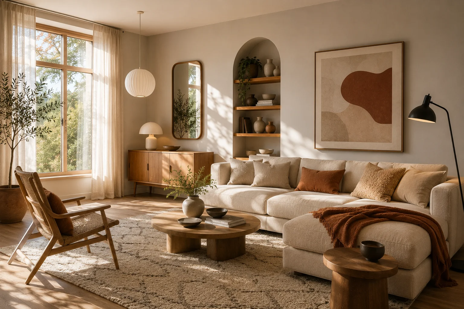 Earth-tone Scandinavian living room with cream sofa, light oak furniture, terracotta accents, textured rug and natural light