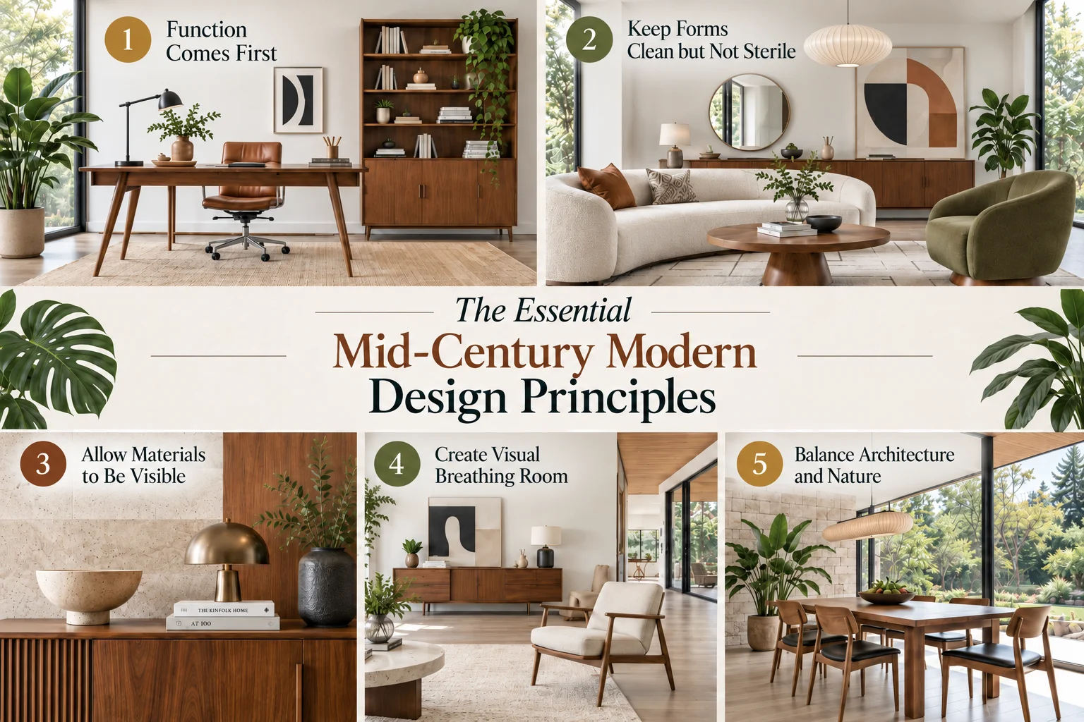 Mid-Century Modern design principles collage showing functional furniture, clean forms, natural materials, open space and indoor-outdoor connection
