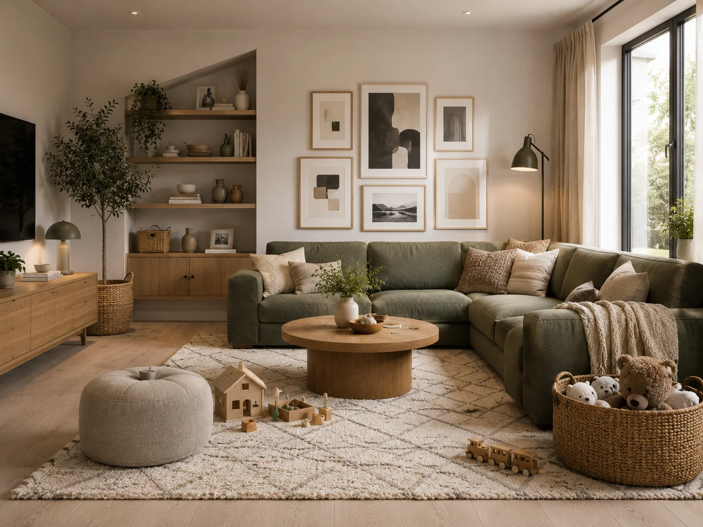 Family-friendly Scandinavian living room with olive modular sofa, rounded oak coffee table, washable rug, storage ottoman and woven toy basket