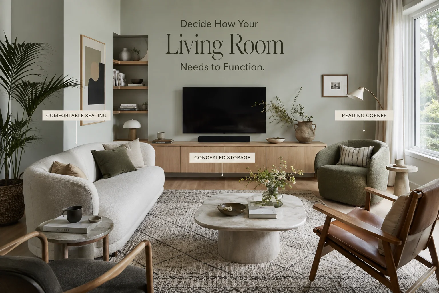 Scandinavian living room designed for function with comfortable seating, concealed storage and a reading corner